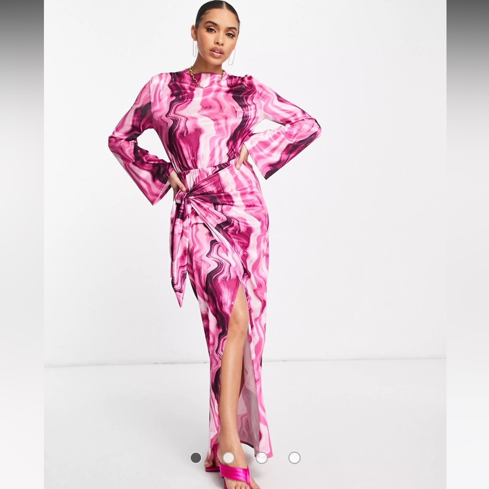ASOS DESIGN long sleeve satin knot tie waist detail maxi dress